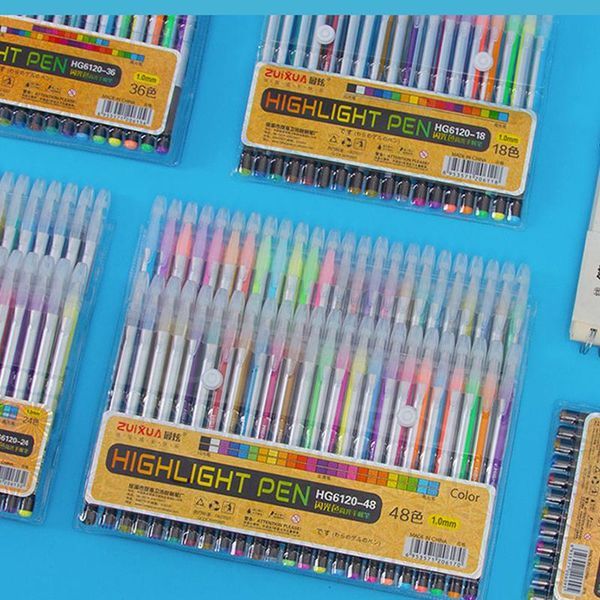 

flash pen student highlighter set korean style color gel cute hand account 12/24/36/48 highlighters, Black;red