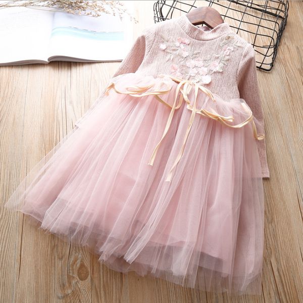 

3-8y autumn spring toddler kid girls lace flower tutu dress long sleeve tulle party birthday dresses for girl children 210515, Red;yellow