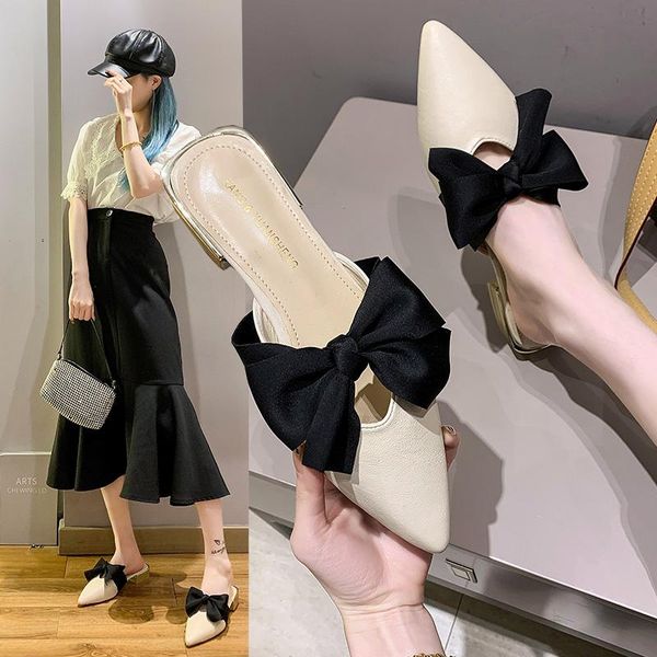 

shoes mules for women 2021 square heel pointed toe med slippers casual pantofle slides butterfly-knot block luxury cover pu, Black