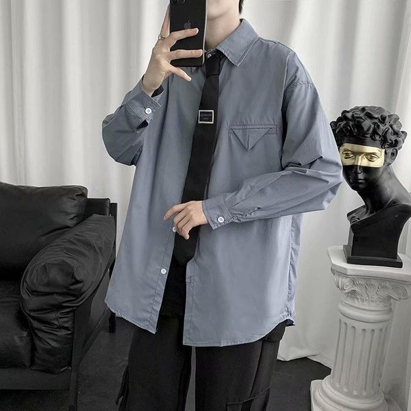 

men's dress shirts ins college style tie shirt korean version fashion youth ruffian handsome casual loose long sleeve, White;black