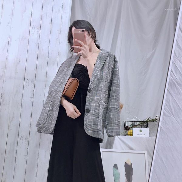 

spring casual plaid women loose single breasted blazer jacket outwear coat suit girls femme women's suits & blazers, White;black