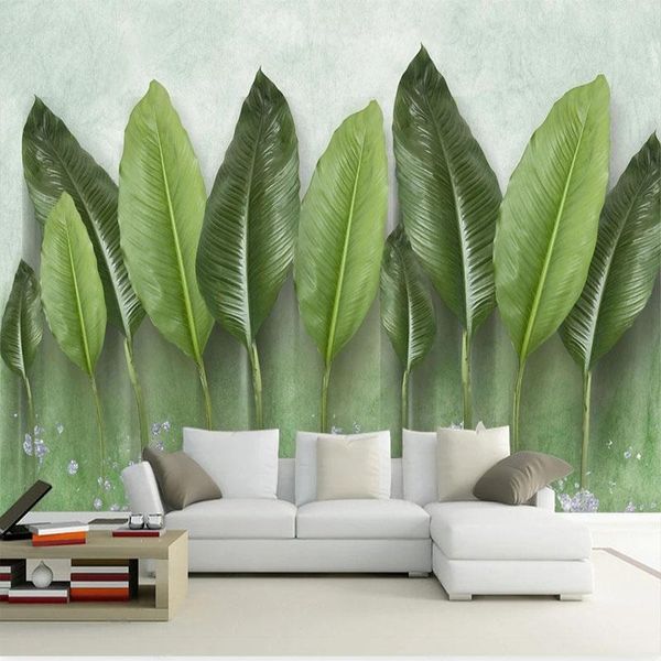

wallpapers modern simple watercolor hand painted green leaf sofa tv background decor self-adhesive waterproof canvas wall covering sticker