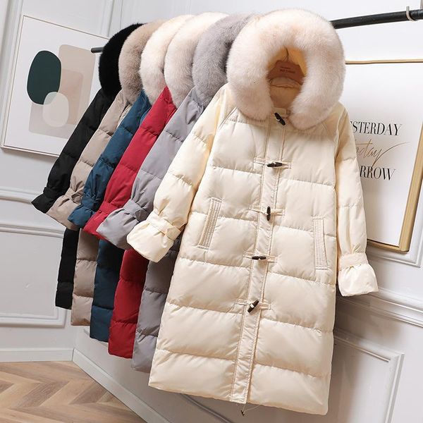 

Women's Down & Parkas Winter Medium Long Thick White Duck Jacket Women Oversize Horn Button Hooded Real Fur Casual Coat Y3QR, Black