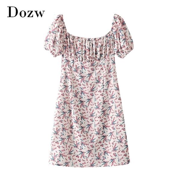 

elegant floral printed mini dress for women short sleeve sweet summer square collar beach party es bodycon sundress 210515, Black;gray