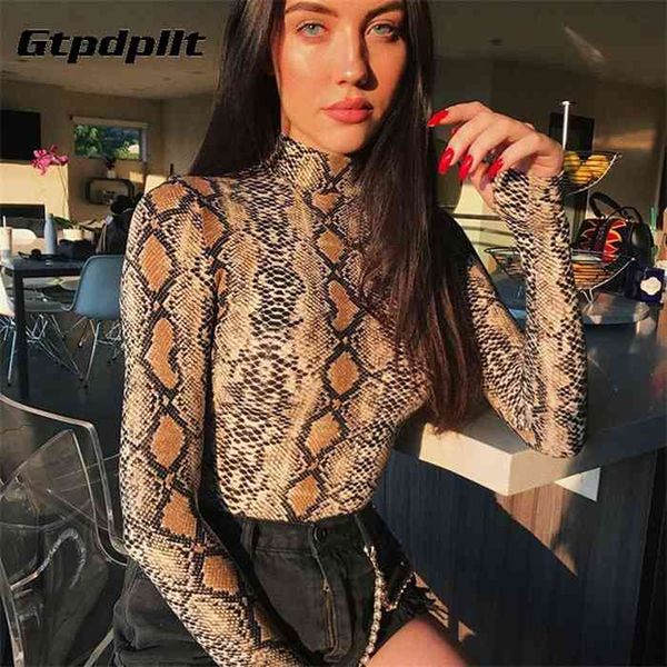 

gtpdpllt snake skin grain print bodysuit women long sleeve autumn winter turtleneck slim bodysuits rompers womens jumpsuits, Black;white