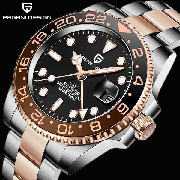 

luxury gmt watch pagani design men stainless steel automatic mechanical watches sapphire ceramic bezel waterproof clock 210728, Slivery;brown