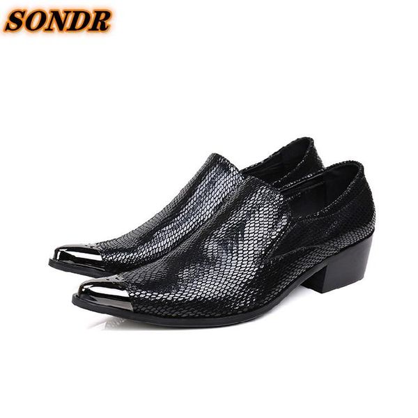 

dress shoes fashion men fish pattern genuine leather iron toe slip-on korean style business formal sapatos masculino, Black