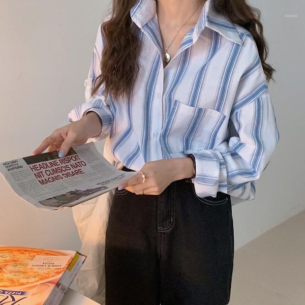 

women's blouses & shirts 2021 autumn winter striped blouse female wild blusa lapel fashion temperament single breasted shirt c636, White