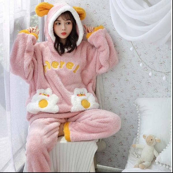 

cute pajamas set 2 women sleepwear pieces flannel warm winter thick coral fleece hooded cartoon girl home wear, Black;red