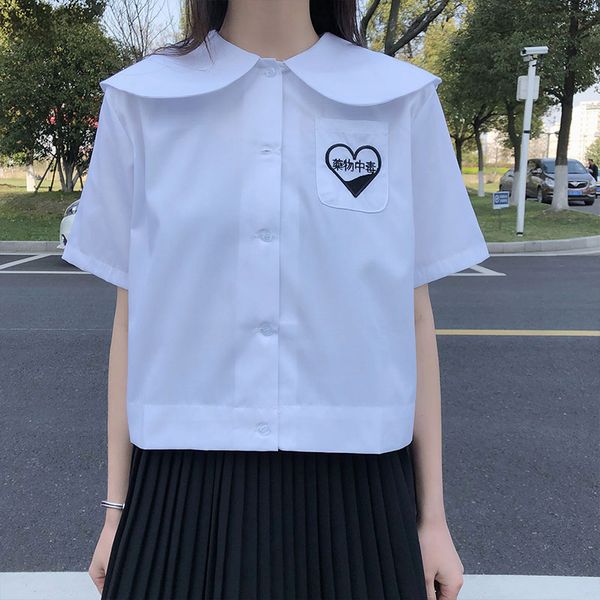 

summer 2021 peter pan collar short sleeve shirts women preppy style embroidery blouse shirt female blusas (x1354), White