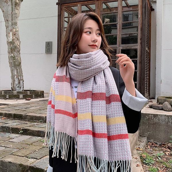 

scarves korean version imitation cashmere scarf female autumn winter tassel classic plaid warm herringbone plain shawls and wraps, Blue;gray