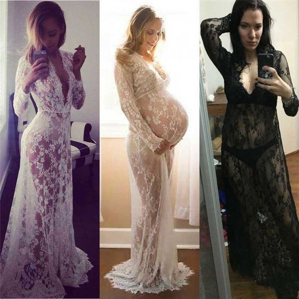 

pregnant women long sleeve lace long maxi dress front split long maxi maternity dress pgraphy props pregnant lace dress gown y0924, White
