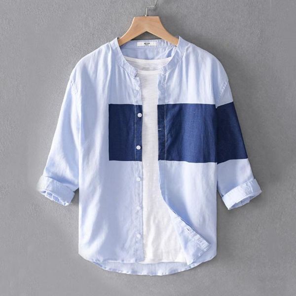 

men's casual shirts 2021 fashion mens shirt three-quarter sleeve button-up summer stitching color lapel men for daily wearm-3xl, White;black
