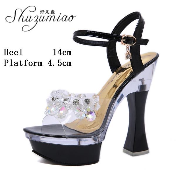 

dress shoes female pole dance striptease women's string bead model show party club thick heel 14cm super high heels sandals, Black