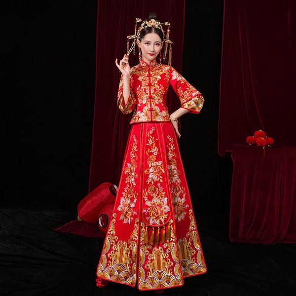 

wedding female bride chinese style red pleated xiuhe clothing women's outdoor dress toast ethnic