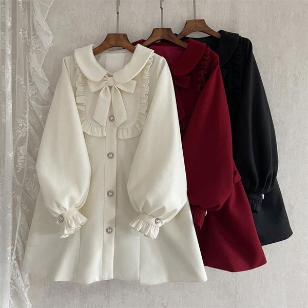 

women's wool & blends original design blend lolita long coat elegant winter warm cape dress sleeve 3 colors, Black