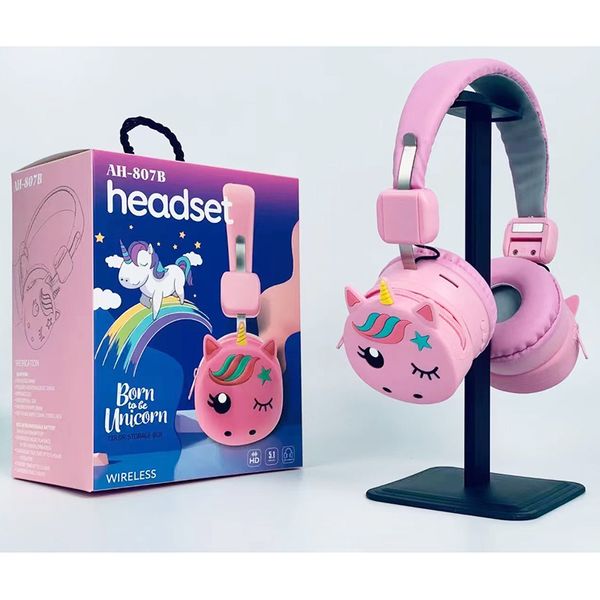 Ah-807b novos fones de ouvido adorável arco-íris unicórnio fone de ouvido estéreo sem fio para crianças crianças confortáveis ​​usando fones de ouvido