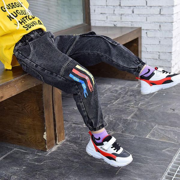 

jeans boys black denim pants print elastic waist trousers spring and autumn casual children's clothing 3-13 years old kids clothes, Blue