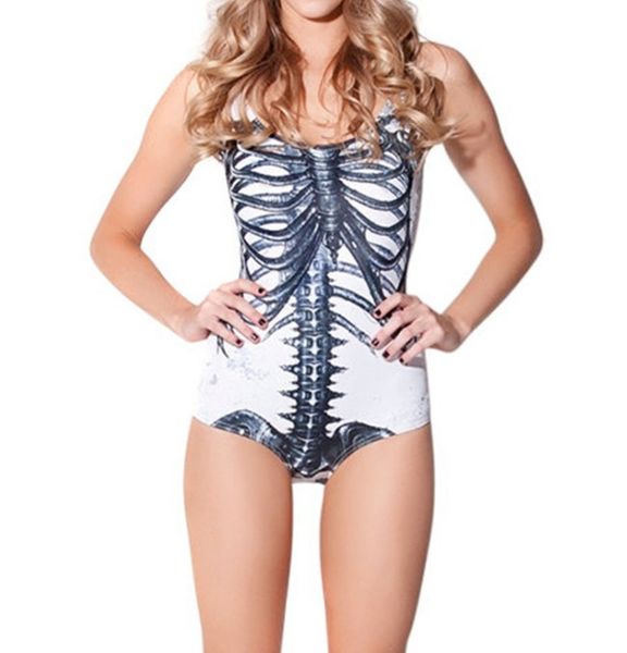 

starry sky digital print white skeleton one piece swimsuit ms., White;black