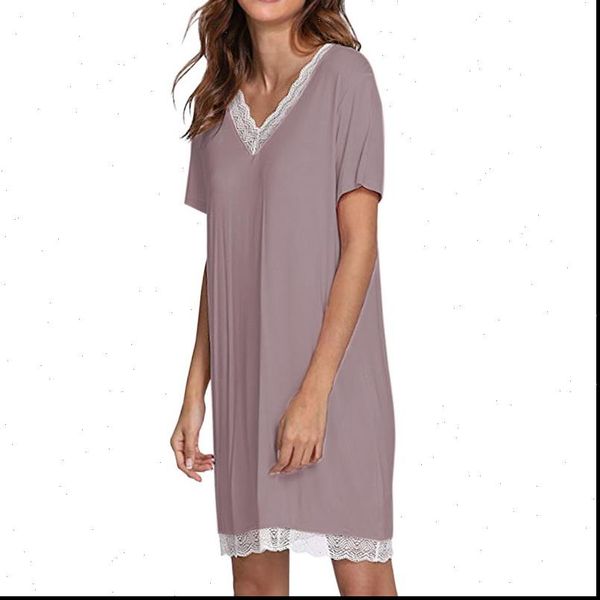 

nightgowns cotton modal summer women sleepwear solid lace splice v neck short sleeve night dress underwear gown sleepshirts, Black;red