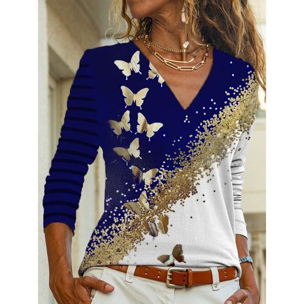 

women's t-shirt casual women oversize golden butterflies print elegant slim tee shirts long sleeve v-neck autumn tshirt 2021, White