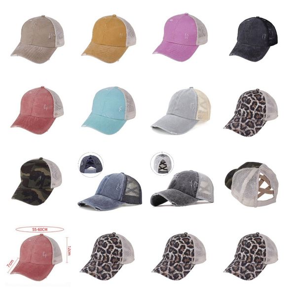 

messy buns leopard ponytail hat 11 styles woman fashion washed mesh criss cross baseball cap zza3002, Blue;gray