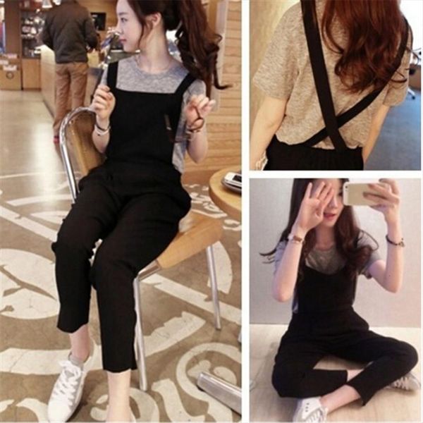 

fashion overall clubwear summer women jean black suspender pants strap high waist bib casual loose long trousers, Blue