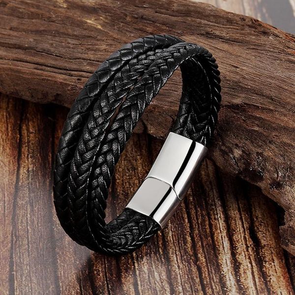 

charm bracelets fashion leather bracelet for men stainless steel magnetic clasp braid black & brown color chain wristband punk gifts, Golden;silver