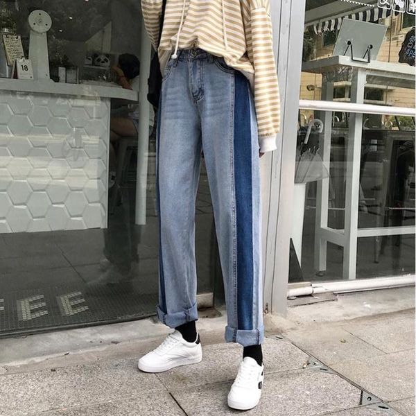 

women's jeans women spring autumn korean style high waisted straight side stripe vintage comfort streetwear harajuku students all-match, Blue
