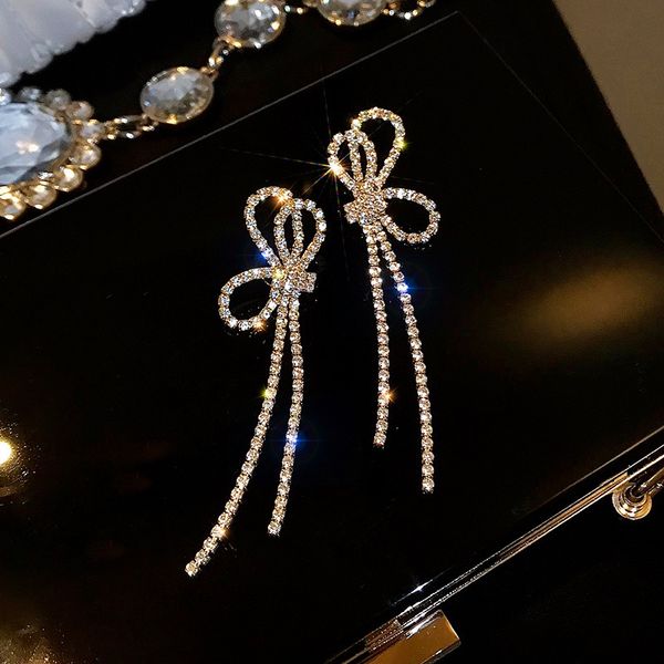 

korean long rhinestone tassel bow earrings s 925 sterling silver stud earring drop earrings for women crystal statement ins earrings wedding, Golden;silver