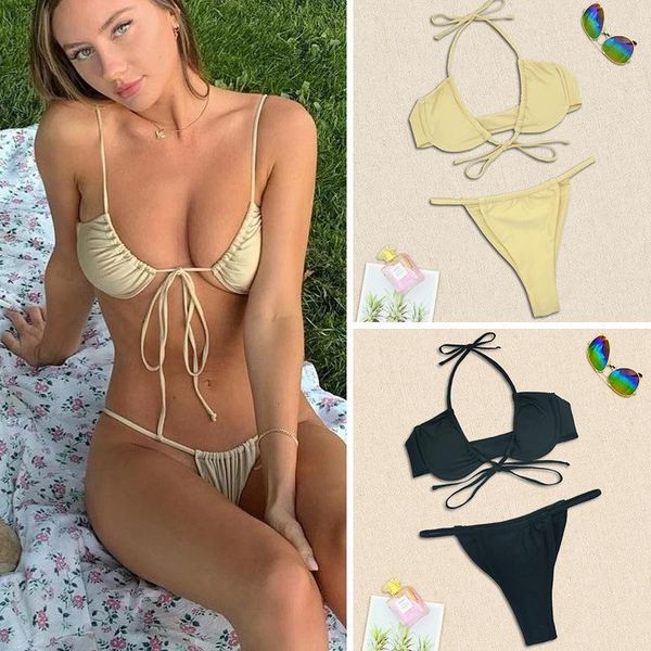 

women's swimwear women summer bikini set bra g-string thong triangle swimsuit underwire push-up 2 pieces bandage beachwear, White;black