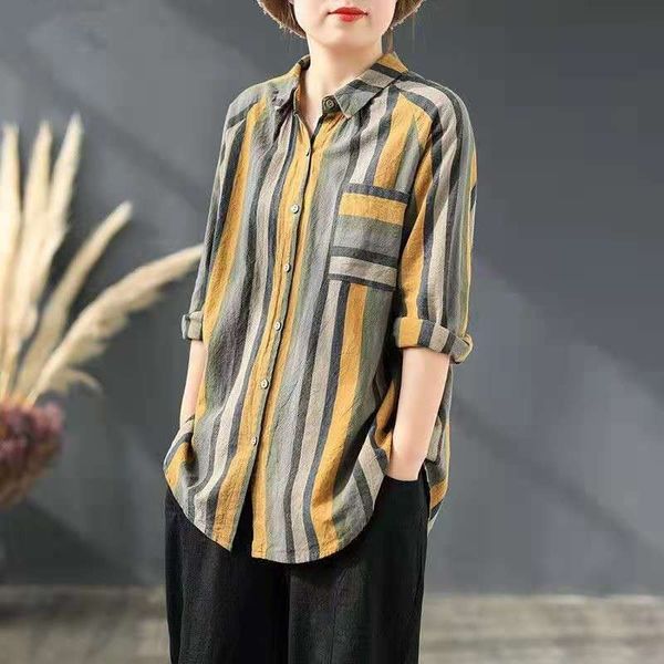 

women's blouses & shirts arrival spring/autumn arts style women long sleeve turn-down collar blouse striped all-matched cotton cas, White