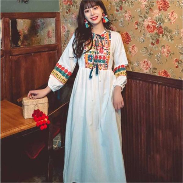 

spring maxi dres long sleeve o neck floral embroidery vintage es beach boho long 210531, Black;gray