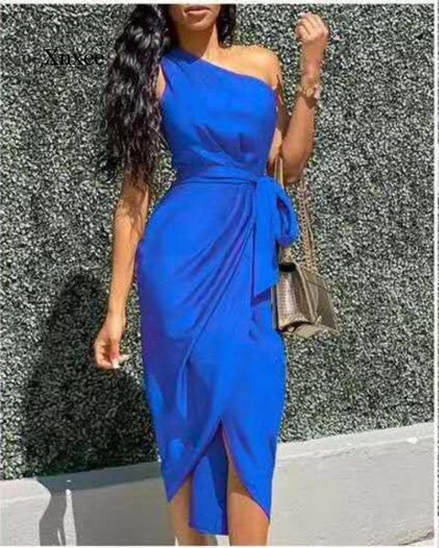 

casual dresses irregular one shoulder ruched design party dress women solid sleeveless mid-calf night club elegant vestidos cloth, Black;gray
