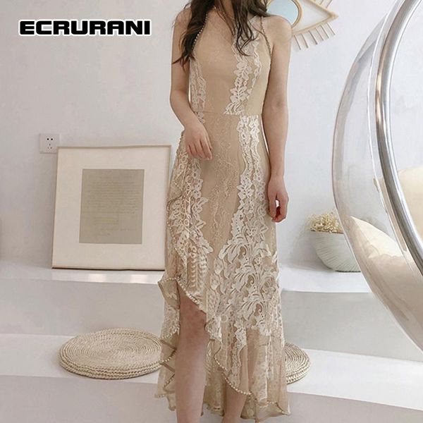 

casual dresses ecrurani elegant dress for women o neck sleeveless high waist slim lace patchwork irregular females summer clothing 2021, Black;gray