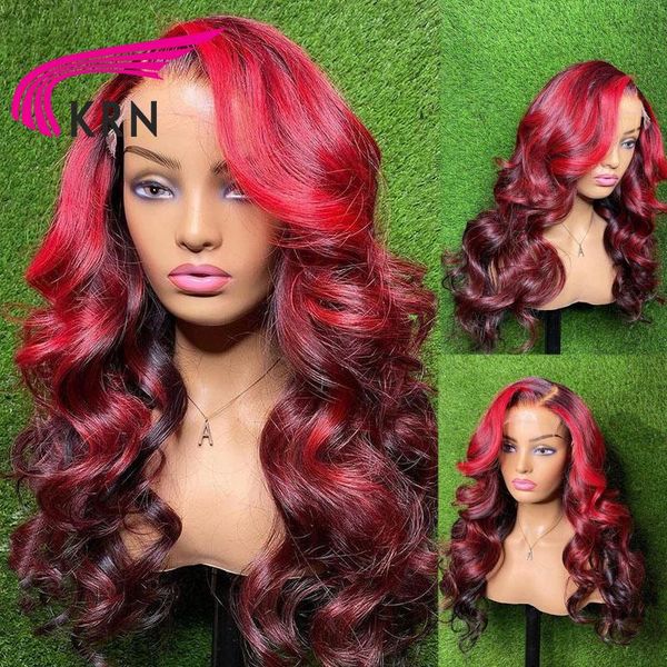 

lace wigs krn red 99j colored ombre highlight frontal for women brazilian human hair 13x4 4x4 front wavy, Black;brown