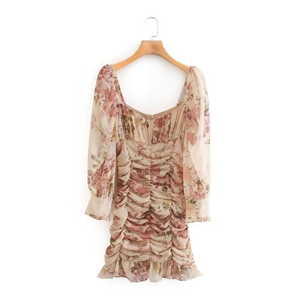 

2021 new spring women flower print chiffon pleated mini dress female square collar puff sleeve clothes casual slim vestido 210329, Black;gray