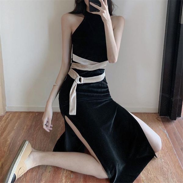 

autumn winter velvet dress halter neck patchwork bandage sheath dresses party club wear sleeveless sundress robe femme casual, Black;gray