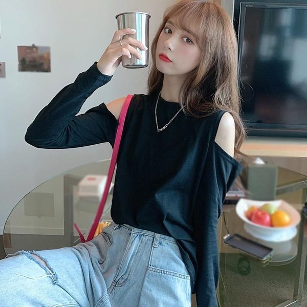 

women's t-shirt autumn long sleeve round collar off shoulder t-shirts fashion streetwear solid color basic tee women casual w, White