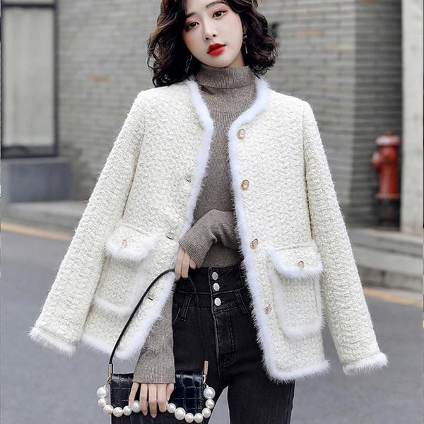

women's jackets jsxdhk luxury women white tweed jacket coat autumn winter patchwork woolen thick warm pockets outerwear, Black;brown