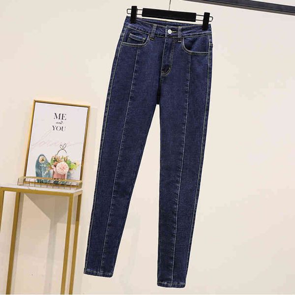 

mujer thin slices denim full length keep warm winter longer thinck velvet size jeans woman high waist pencil pants, Blue