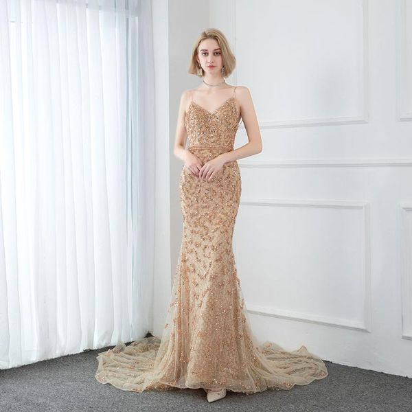 

party dresses luxury gold glitter crystal long vening mermaid spaghetti straps tulle formal evening gown backless for women, White;black