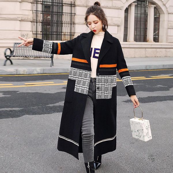 

women's wool & blends autumn woman winter coats 2021 elegant woolen coat long blend spliced plaid jacket for female manteau femme, Black