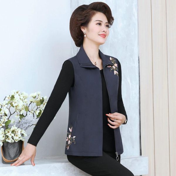 

spring autumn navy blue red purple vest middle aged women casual floral embroidery zipper sleeveless coat daily cozy waistcoat women's, Black;white