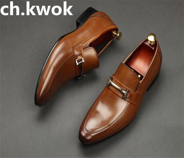 

dress shoes men pointed toe slip on leather business breathable metal buckle europe united states fashion, Black