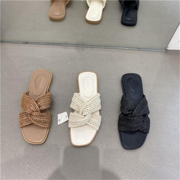 

slippers women's shoes 2021 summer korean dongdaemun woven cross bow open-toe sandals and, Black