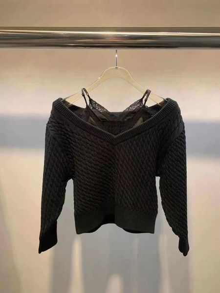 

sweater 2021 spring and summer lace stitching strapless black suspenders long-sleeved blouse 24v9, White;black