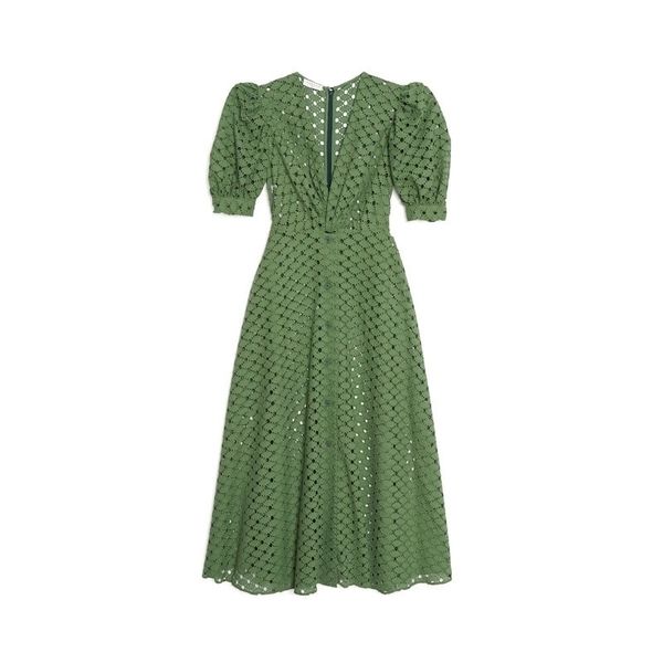 

harleyfashion new summer elegant v-neck hollow-out hole solid color holiday green french dress 210325, Black;gray