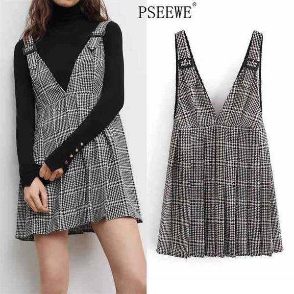 

black plaid high-waisted pleated mini skirt woman vintage pinafore s v neck adjustable straps winter 210519