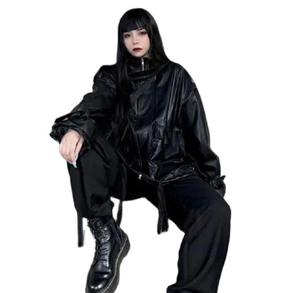 

women's leather & faux fashionable korean jacket loose 2021 autumn and winter casual long-sleeved women, Black